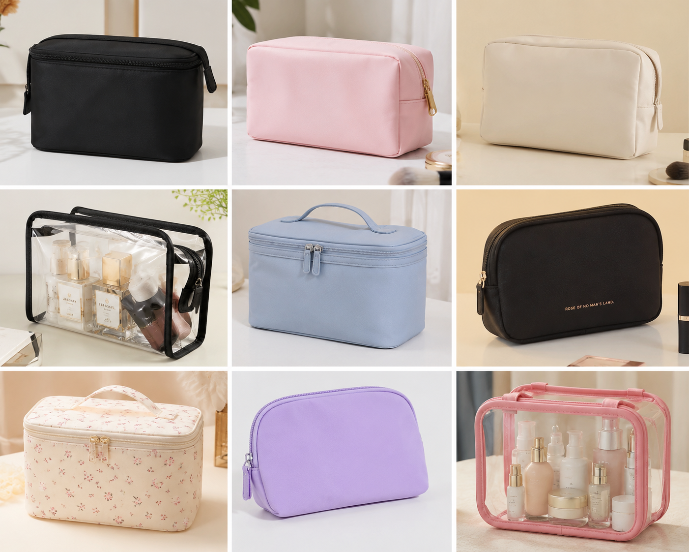 Grid of nine ordinary makeup and toiletry bags in black, pink, cream, clear vinyl, blue, and floral prints